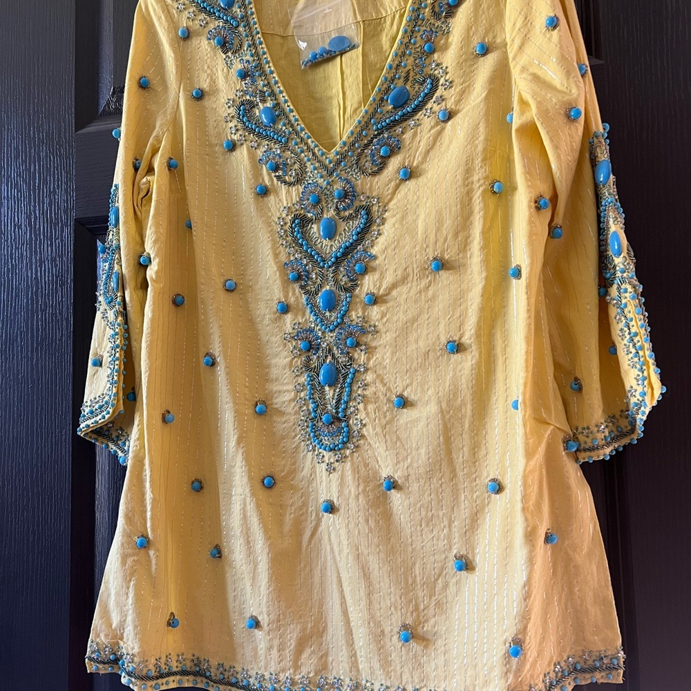 Yellow and Turquoise Embellished Women's Top